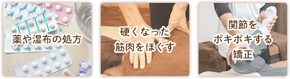薬や湿布の処方・硬くなった筋肉をほぐす・関節をポキポキする矯正